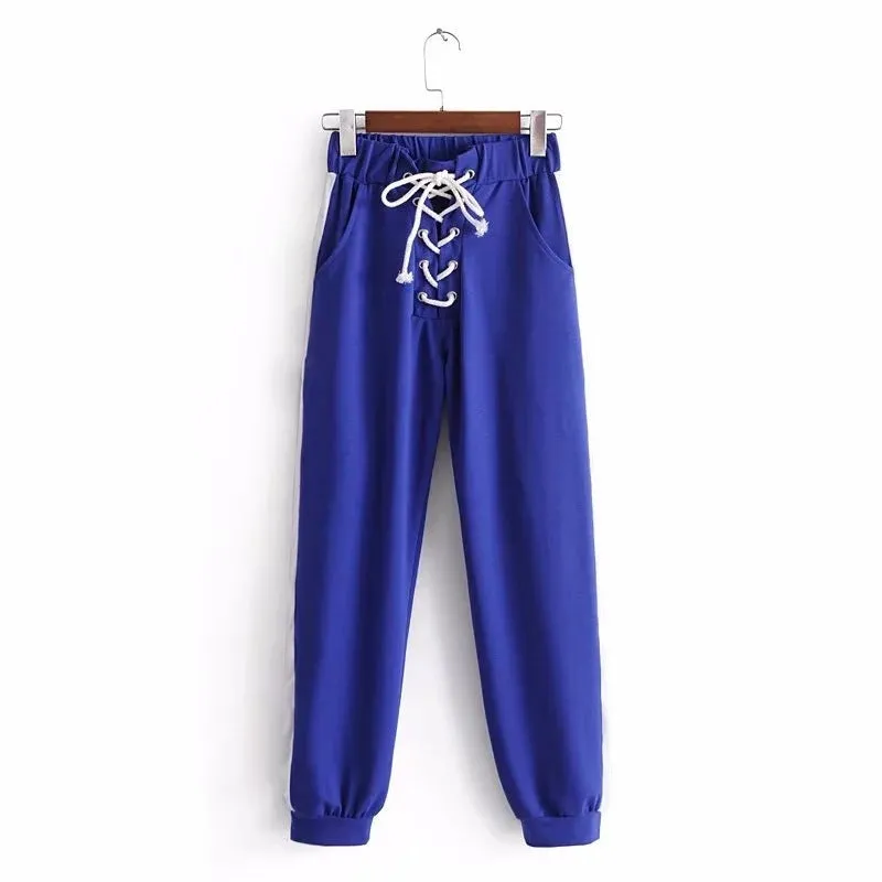 Lace-up Patchwork High Waist Harten Loose Long Pants