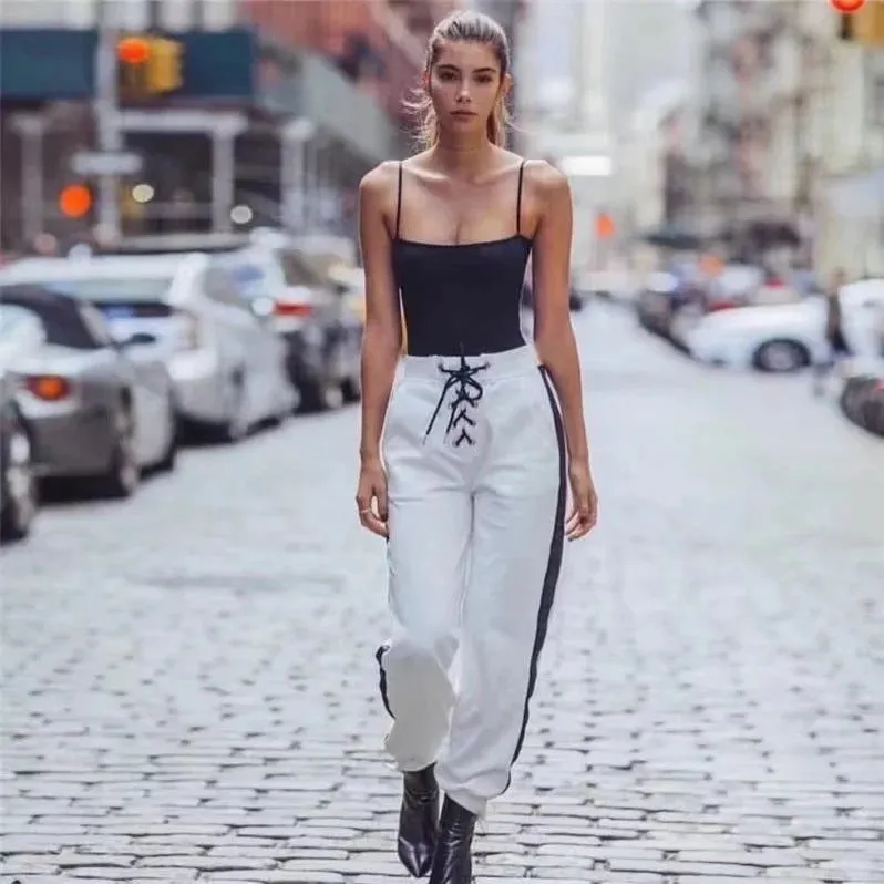 Lace-up Patchwork High Waist Harten Loose Long Pants
