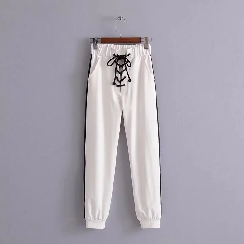 Lace-up Patchwork High Waist Harten Loose Long Pants