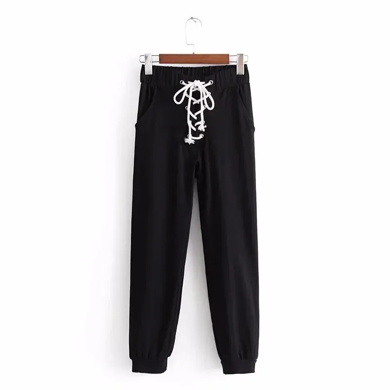 Lace-up Patchwork High Waist Harten Loose Long Pants