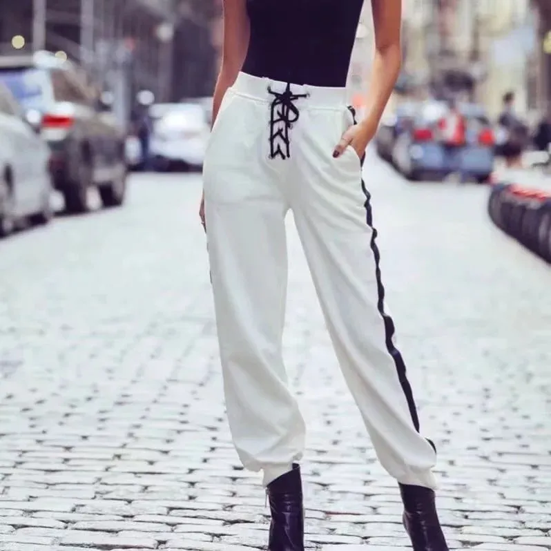 Lace-up Patchwork High Waist Harten Loose Long Pants