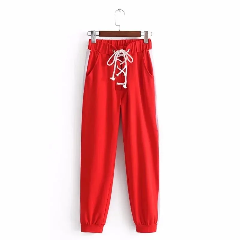 Lace-up Patchwork High Waist Harten Loose Long Pants