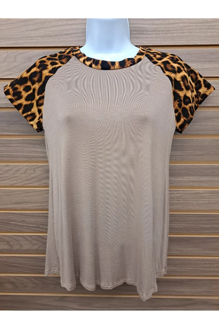 Leopard sleeve solid bodice tee