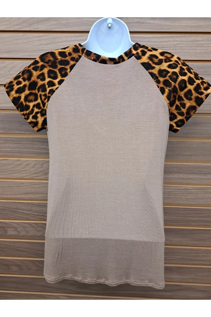 Leopard sleeve solid bodice tee