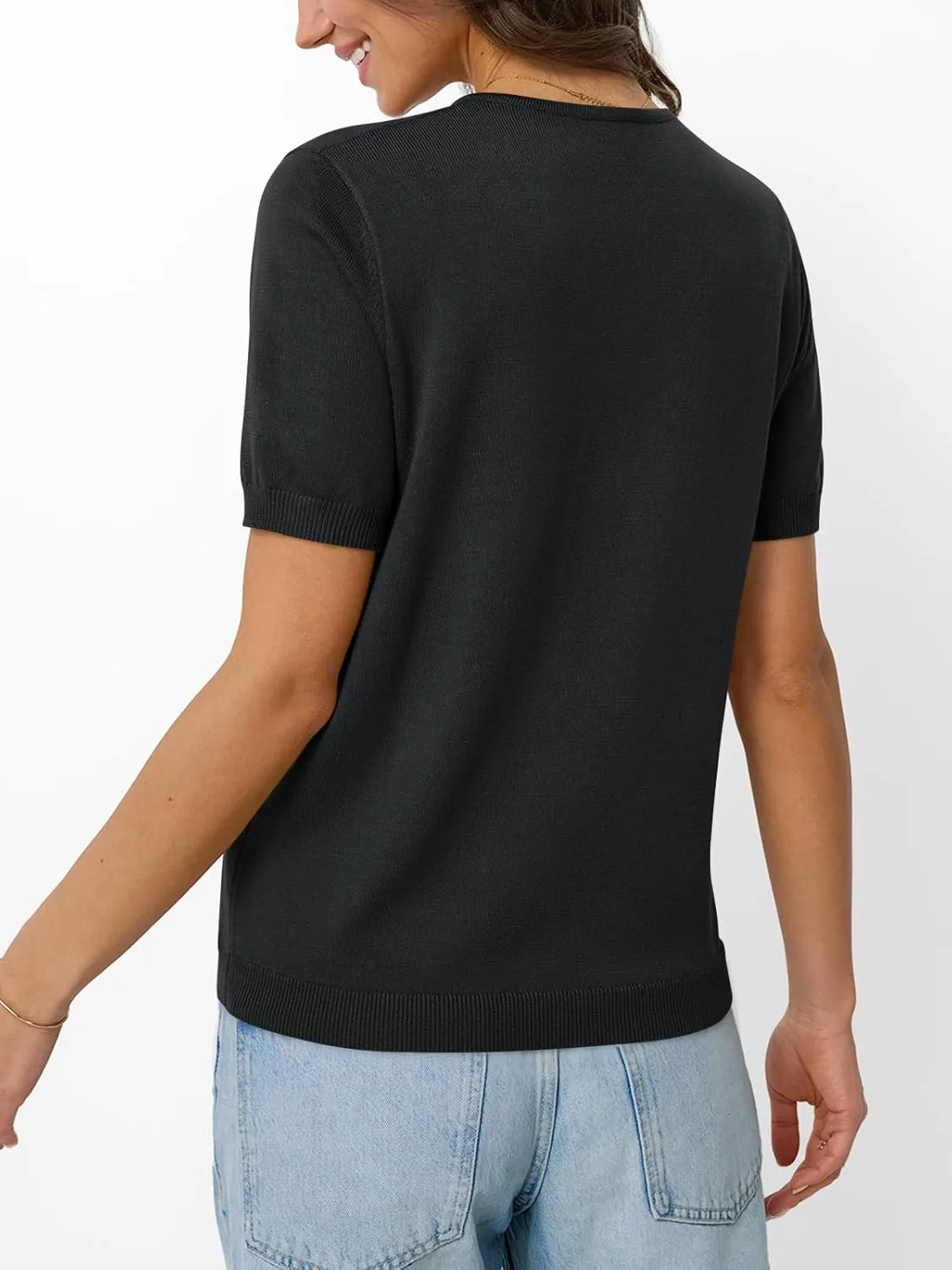 LILLUSORY Womens Short Sleeve Sweaters V Neck Tops Business Casual Lightweight Knit Comfy Blouses Summer Fashion Outfits 2025