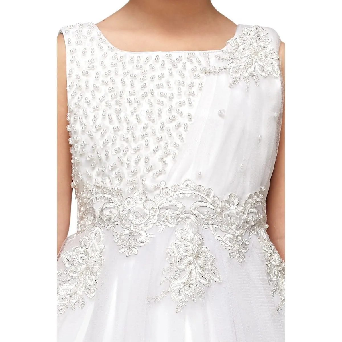 Little Girls White Pearl Bead Coiled Lace Satin Tulle Flower Girl Dress 4-6