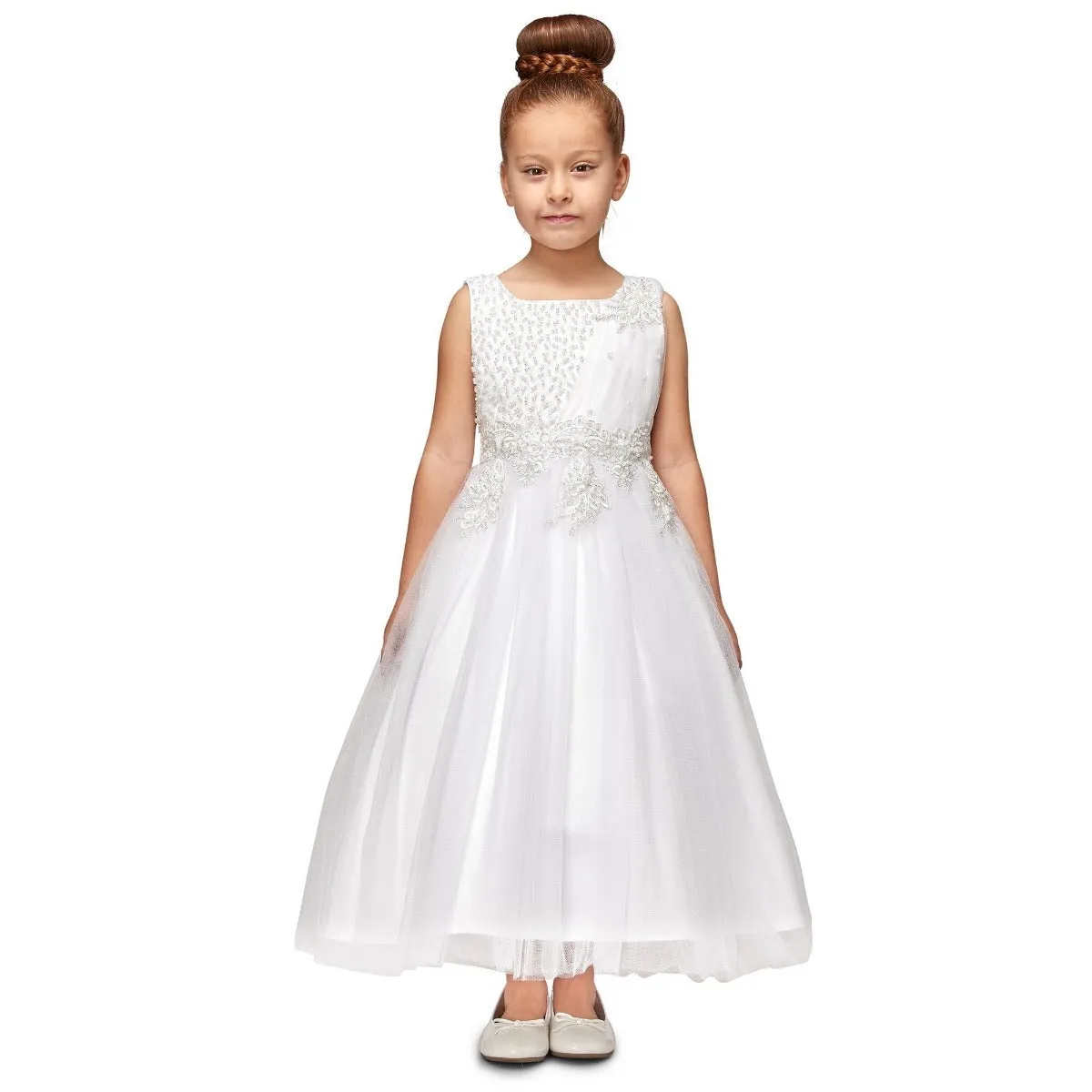 Little Girls White Pearl Bead Coiled Lace Satin Tulle Flower Girl Dress 4-6