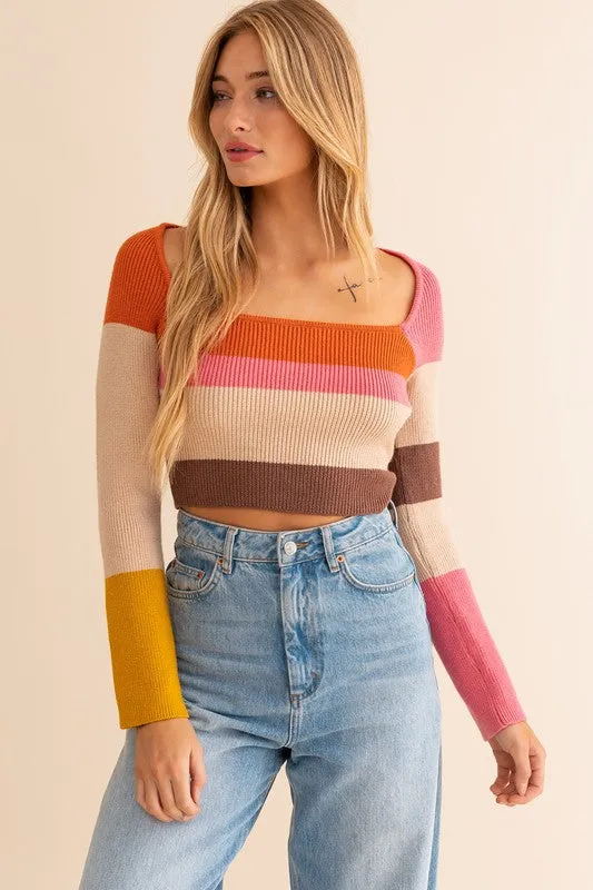 Long Sleeve Color Block Stripe Knit Top - Le Lis