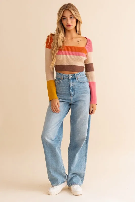 Long Sleeve Color Block Stripe Knit Top - Le Lis