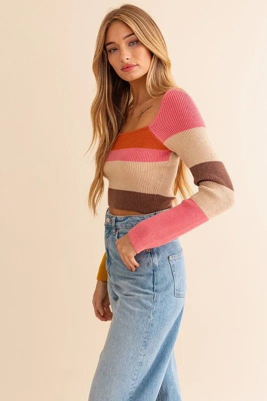 Long Sleeve Color Block Stripe Knit Top - Le Lis