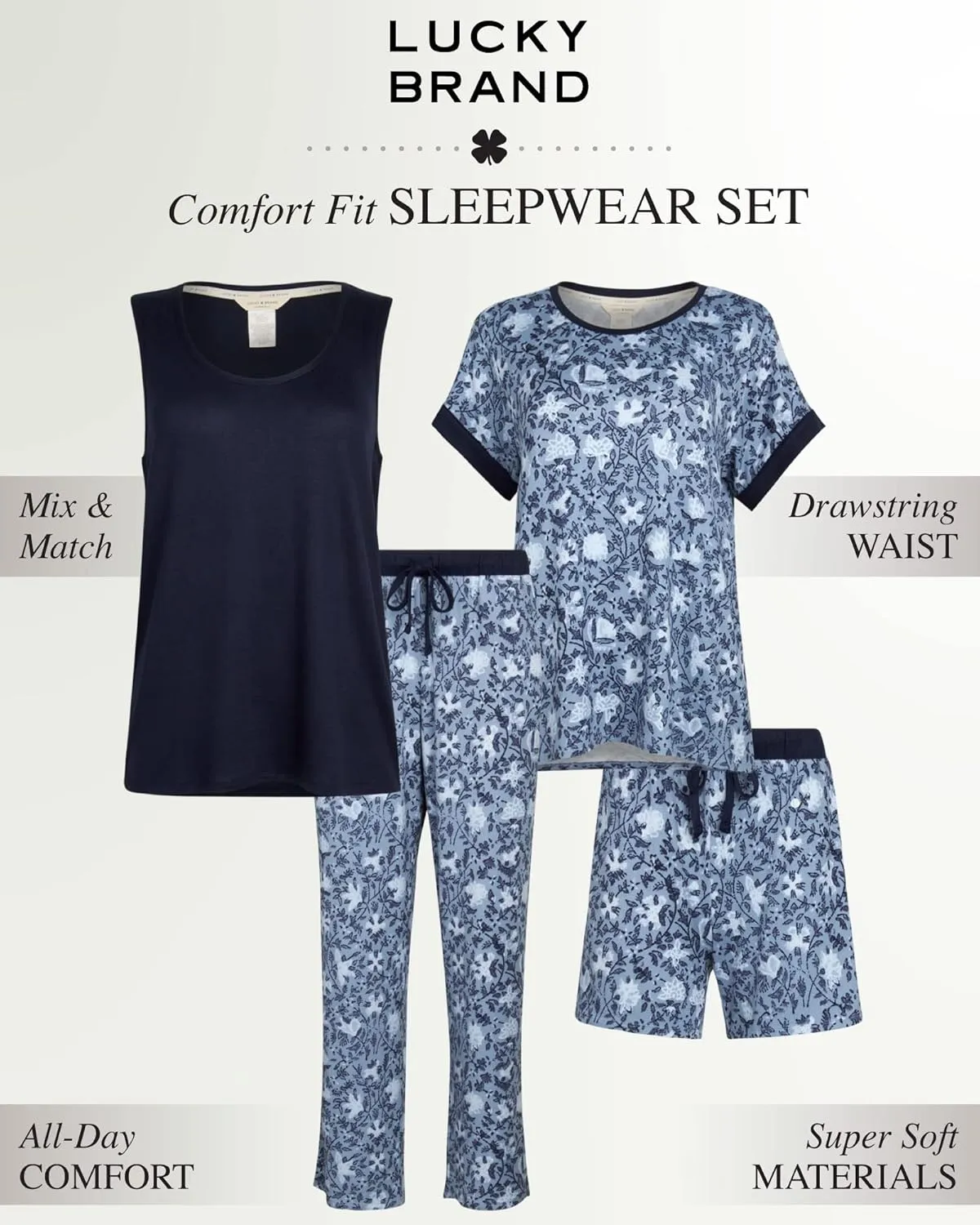Lucky Brand 4-Piece Lounge Pajamas Sets For Women - Buttery Soft Top, Tank Top, Shorts and Pants