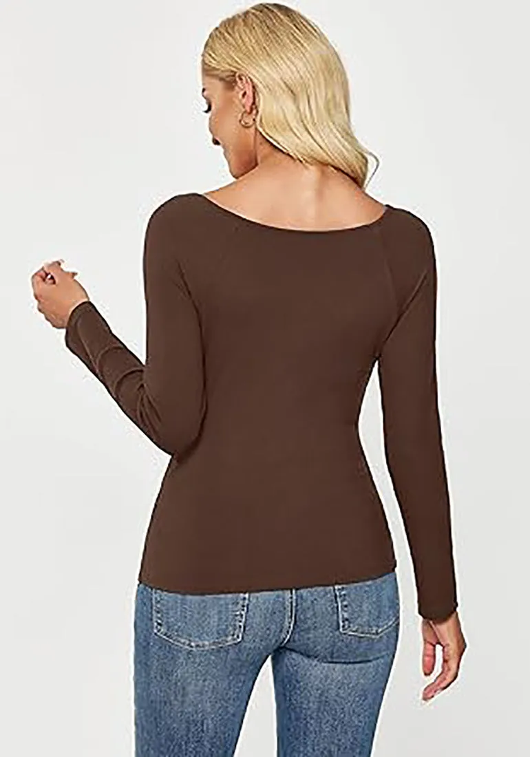 LUVAMIA Fitted Long Sleeve Slim Women Y2K Shirts Raglan Mega Stretch Top Blouses
