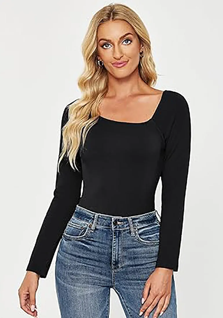 LUVAMIA Fitted Long Sleeve Slim Women Y2K Shirts Raglan Mega Stretch Top Blouses