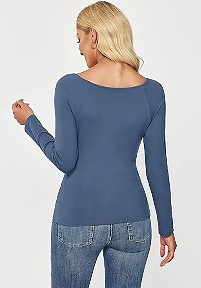 LUVAMIA Fitted Long Sleeve Slim Women Y2K Shirts Raglan Mega Stretch Top Blouses