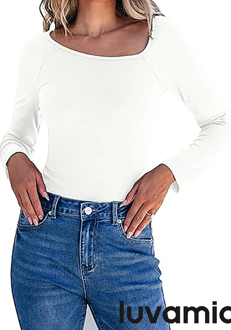 LUVAMIA Fitted Long Sleeve Slim Women Y2K Shirts Raglan Mega Stretch Top Blouses