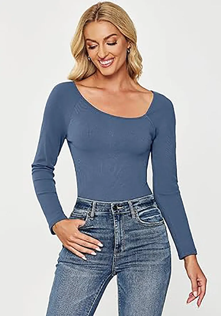 LUVAMIA Fitted Long Sleeve Slim Women Y2K Shirts Raglan Mega Stretch Top Blouses