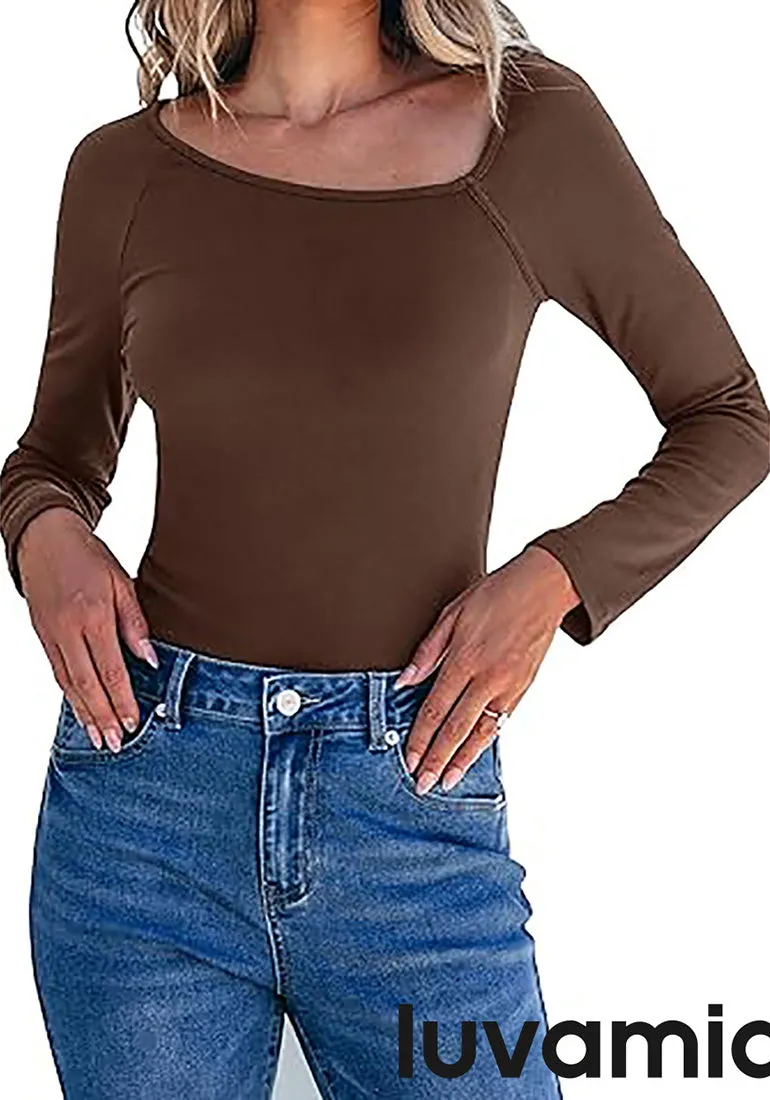 LUVAMIA Fitted Long Sleeve Slim Women Y2K Shirts Raglan Mega Stretch Top Blouses
