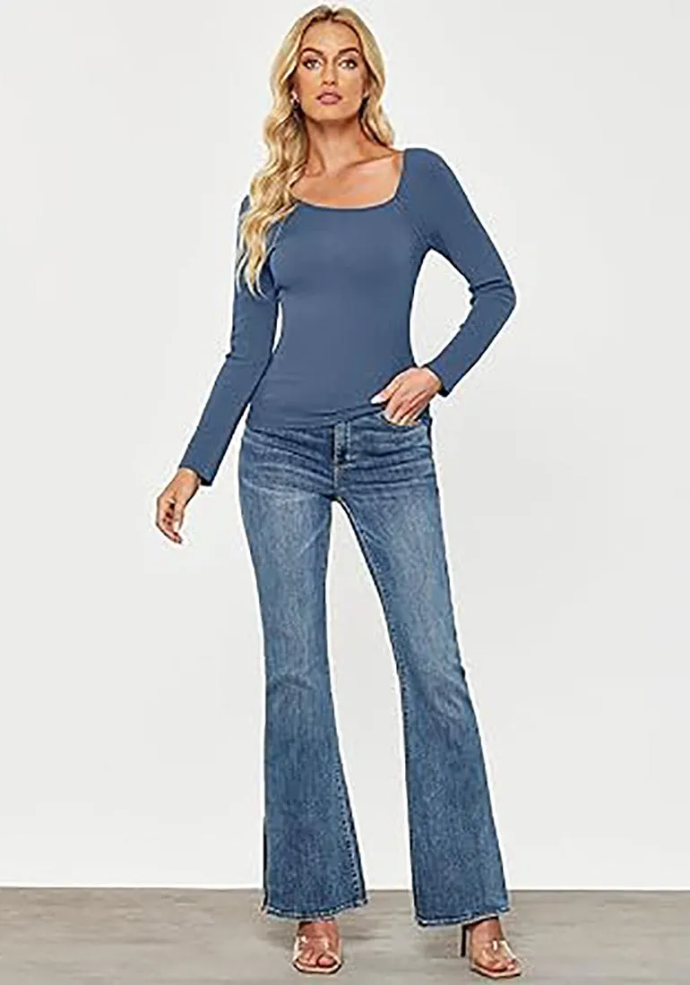 LUVAMIA Fitted Long Sleeve Slim Women Y2K Shirts Raglan Mega Stretch Top Blouses