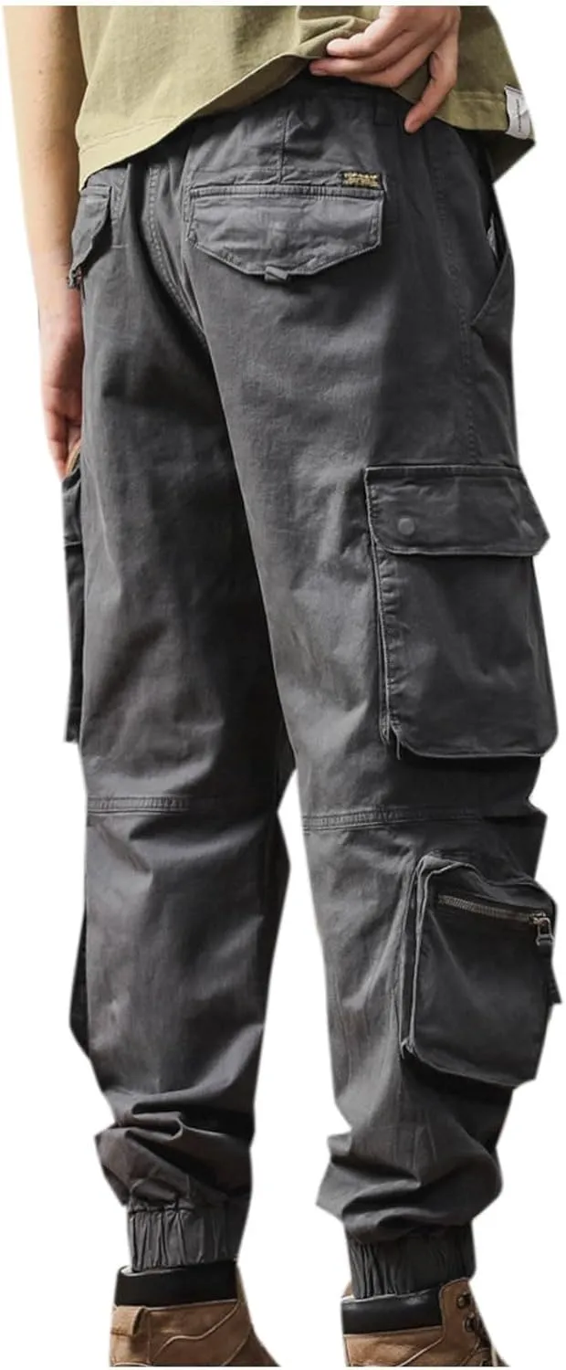 Men's Hiking Cargo Pants Joggers Slim Fit Stretch Lightweight Casual Work Pants with Multi Pockets Drawstring Waist