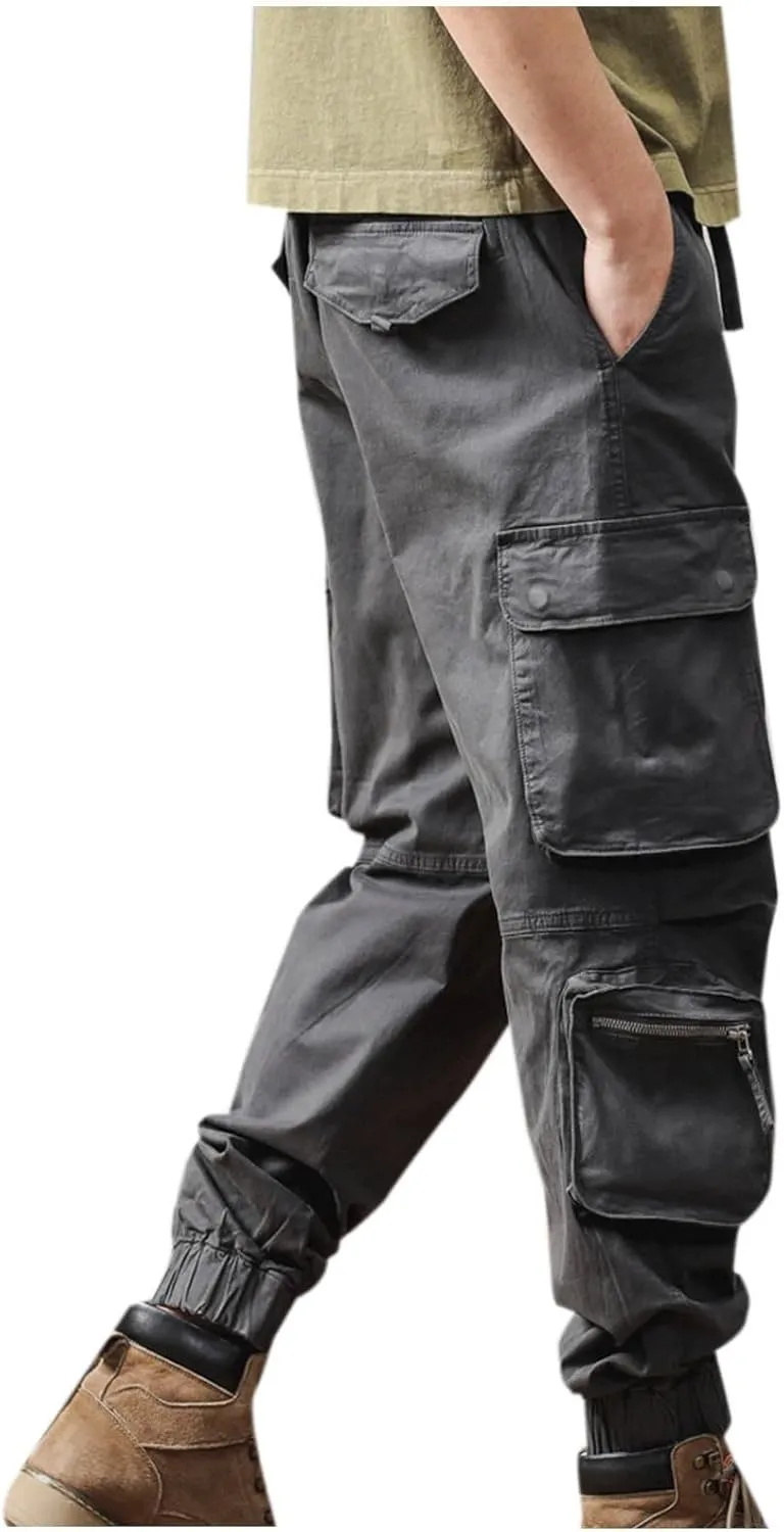 Men's Hiking Cargo Pants Joggers Slim Fit Stretch Lightweight Casual Work Pants with Multi Pockets Drawstring Waist