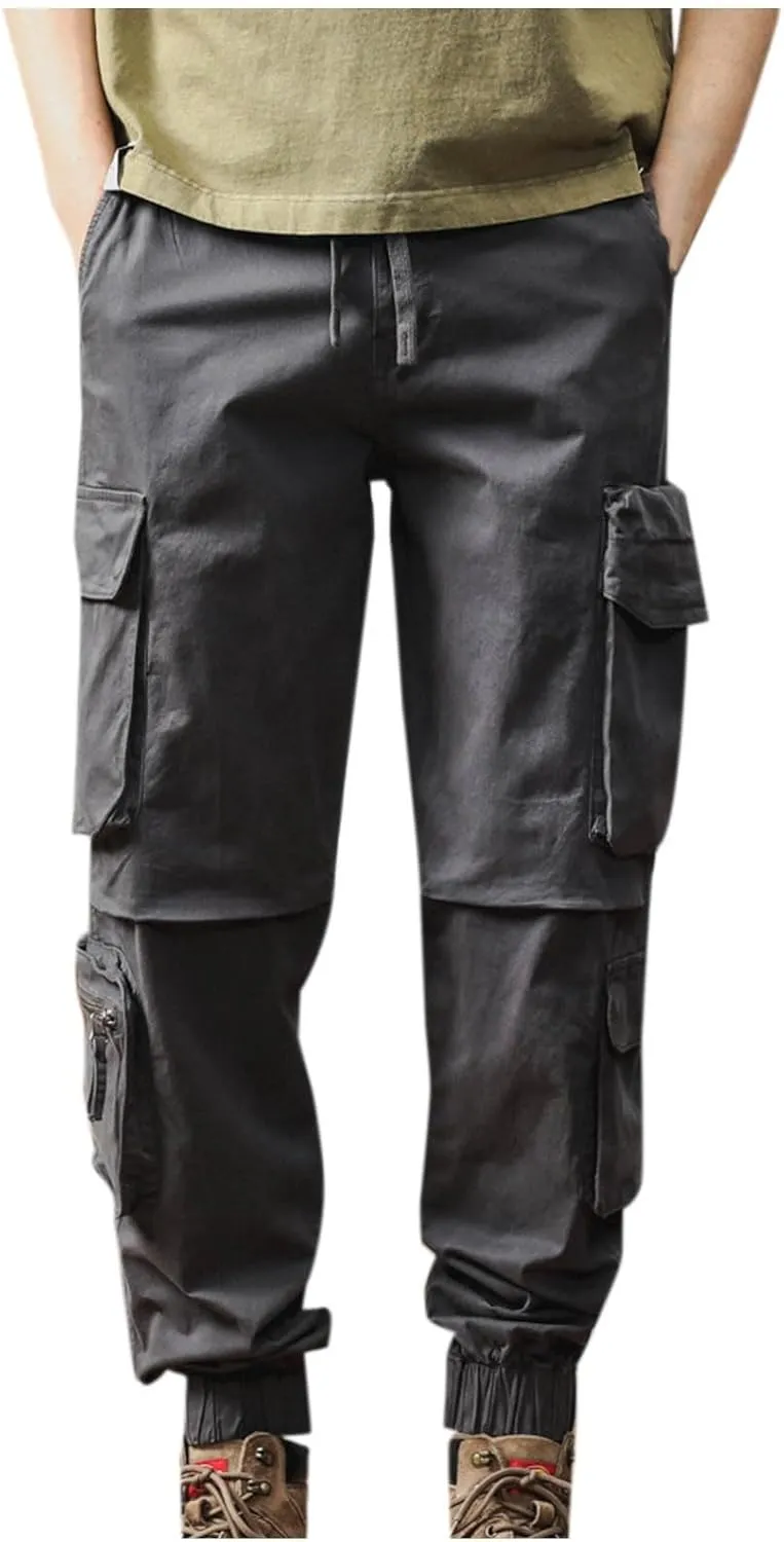 Men's Hiking Cargo Pants Joggers Slim Fit Stretch Lightweight Casual Work Pants with Multi Pockets Drawstring Waist