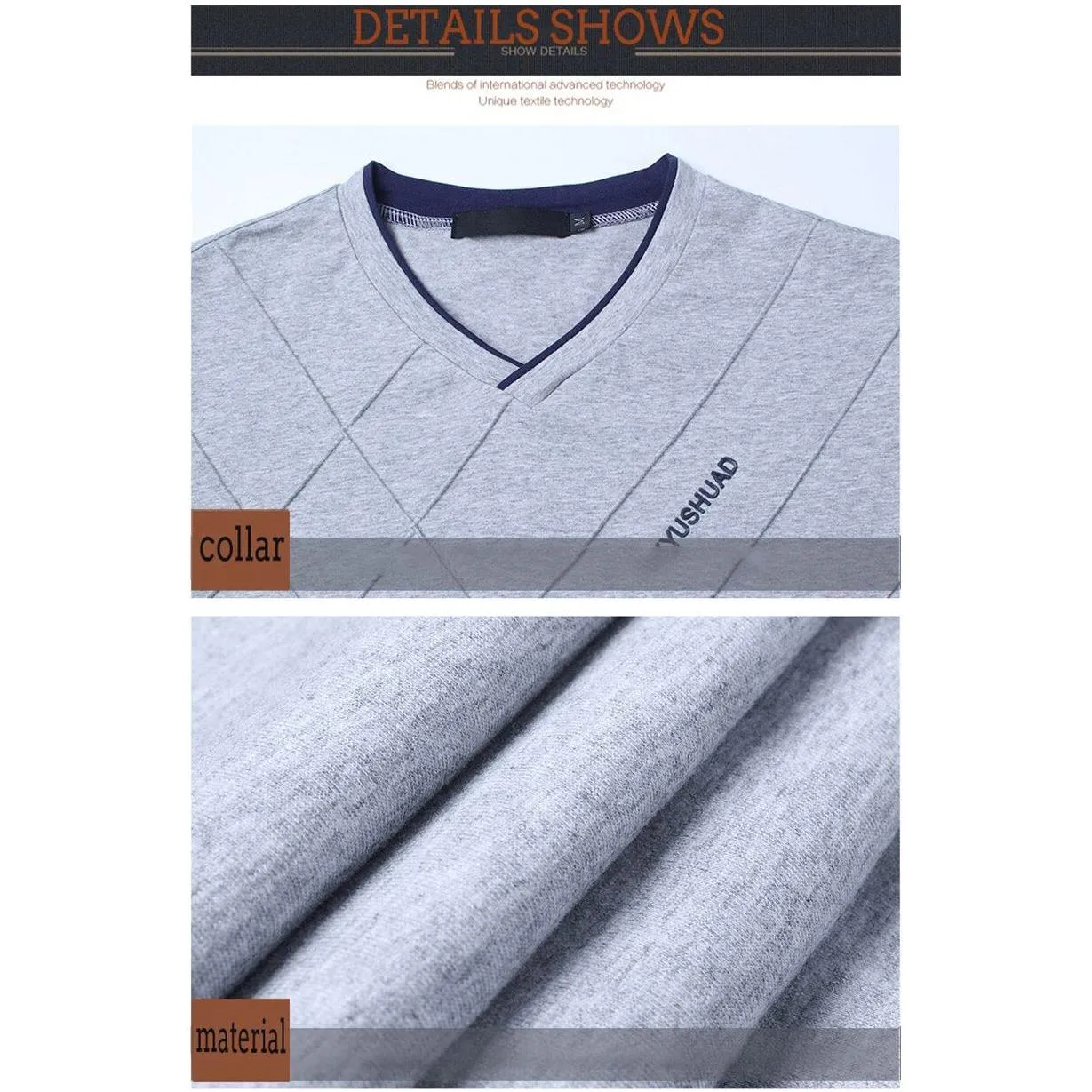 Men's T-shirt Slim Fit High V-Neck Long Sleeve With Geometric Detail Sizes Up to 5XL