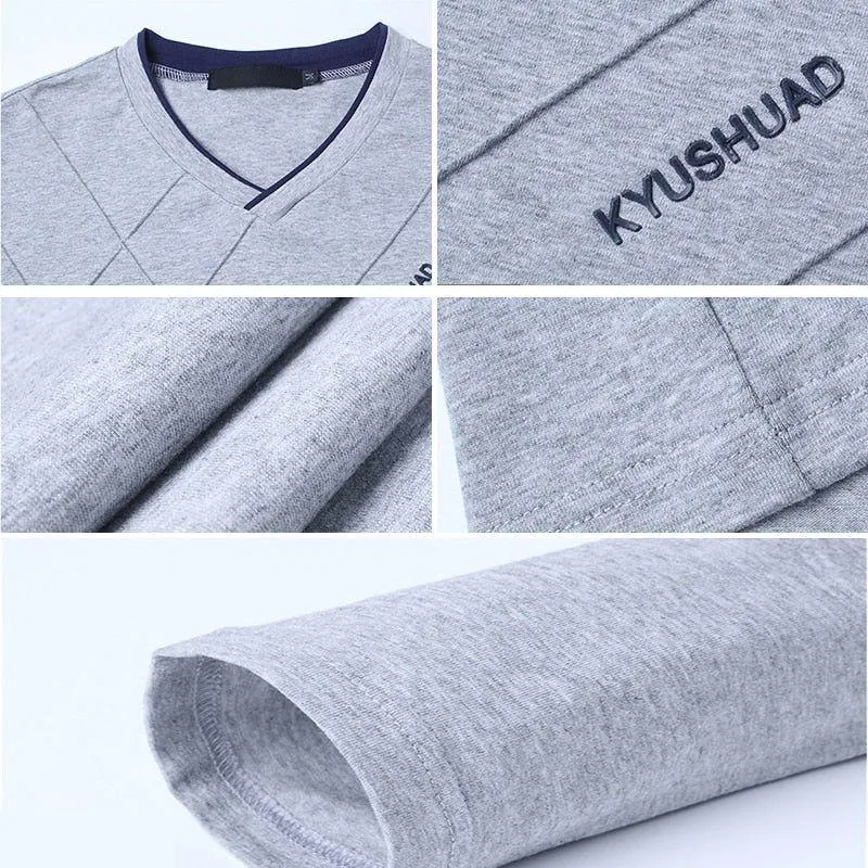 Men's T-shirt Slim Fit High V-Neck Long Sleeve With Geometric Detail Sizes Up to 5XL