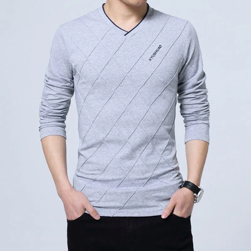 Men's T-shirt Slim Fit High V-Neck Long Sleeve With Geometric Detail Sizes Up to 5XL