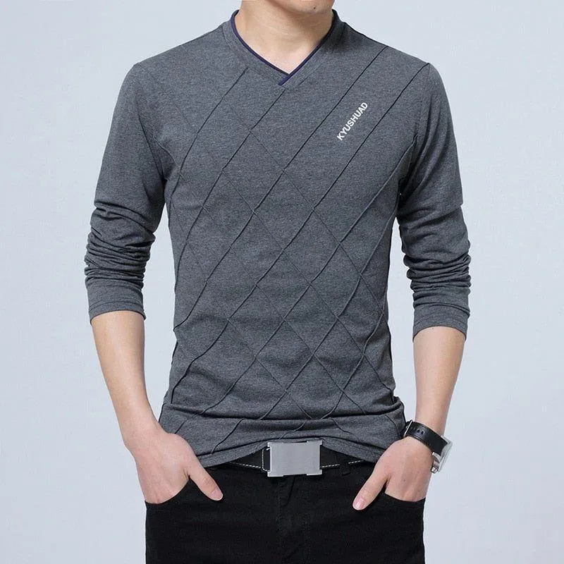 Men's T-shirt Slim Fit High V-Neck Long Sleeve With Geometric Detail Sizes Up to 5XL