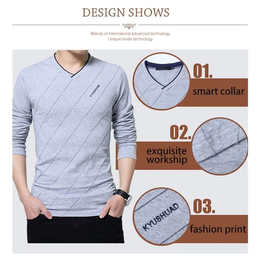 Men's T-shirt Slim Fit High V-Neck Long Sleeve With Geometric Detail Sizes Up to 5XL