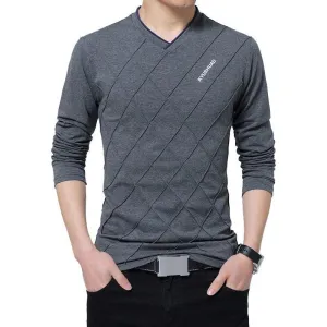 Men's T-shirt Slim Fit High V-Neck Long Sleeve With Geometric Detail Sizes Up to 5XL