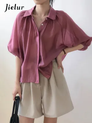 Metaversmall Vintage Lantern Sleeve Loose Women's Shirts French Style Elegant Solid Color Female Shirt Summer Single Breasted Shirts