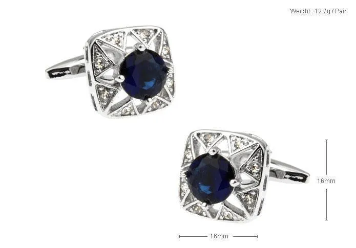 Navy Crystal Silver Filigree Metal Cufflinks