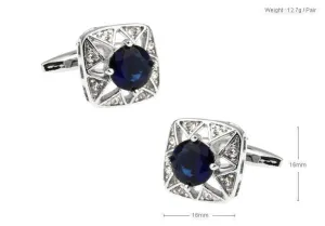 Navy Crystal Silver Filigree Metal Cufflinks