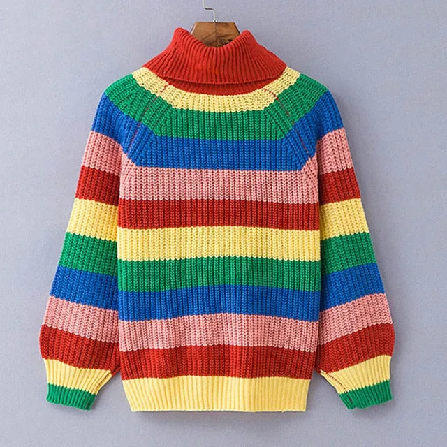 Oversized Sweater Simenual Rainbow turtleneck sweaters women winter