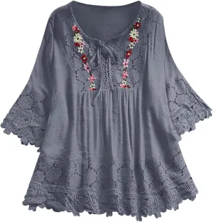 Plus Size Blouse Women Vintage Lace Patchwork Bow V-Neck Embroidery Summer Three Quarter Retro Solid Tops T-Shirt S-5XL