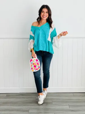 POL Aqua Floral Lace Detail V-Neck Top (Reg)