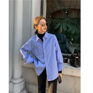 Popular Inspired Blue Striped Blouse Trendy Niche All-Matching Loose Casual Long Sleeved Matching Shirt Outerwear