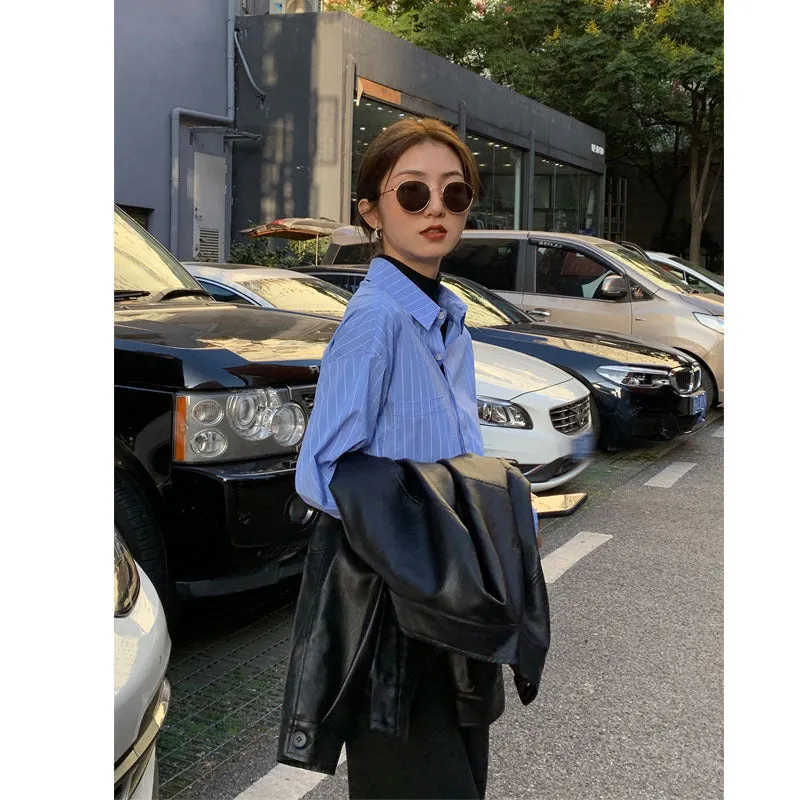 Popular Inspired Blue Striped Blouse Trendy Niche All-Matching Loose Casual Long Sleeved Matching Shirt Outerwear