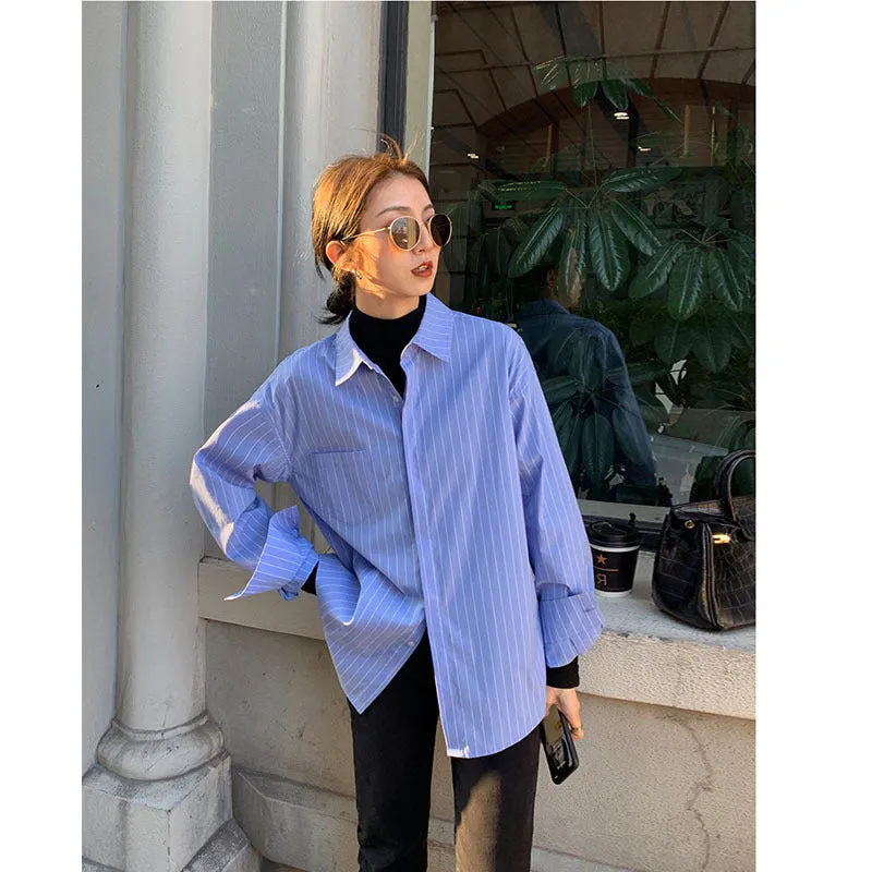 Popular Inspired Blue Striped Blouse Trendy Niche All-Matching Loose Casual Long Sleeved Matching Shirt Outerwear