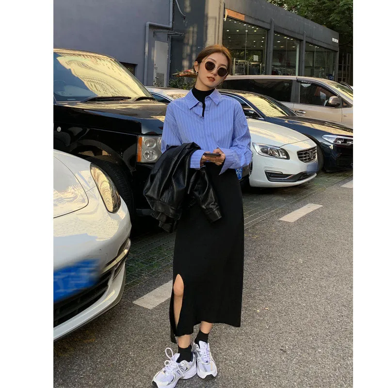 Popular Inspired Blue Striped Blouse Trendy Niche All-Matching Loose Casual Long Sleeved Matching Shirt Outerwear