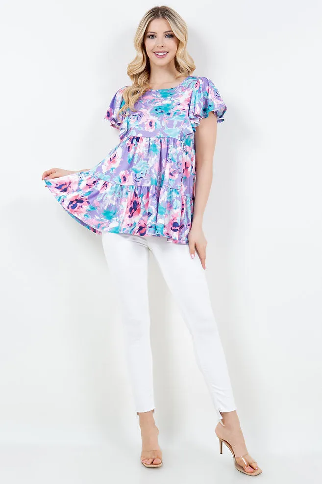 PURPLE FLORAL PRINT FLOWY SHORT SLEEVES BABYDOLL PLUS SIZE TOP B5445PX