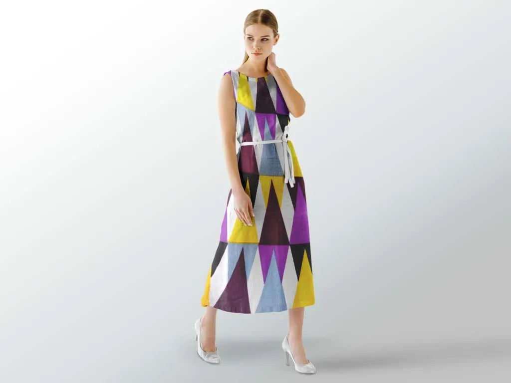 Purple Multicolour Geometric Printed Poly Crepe Fabric