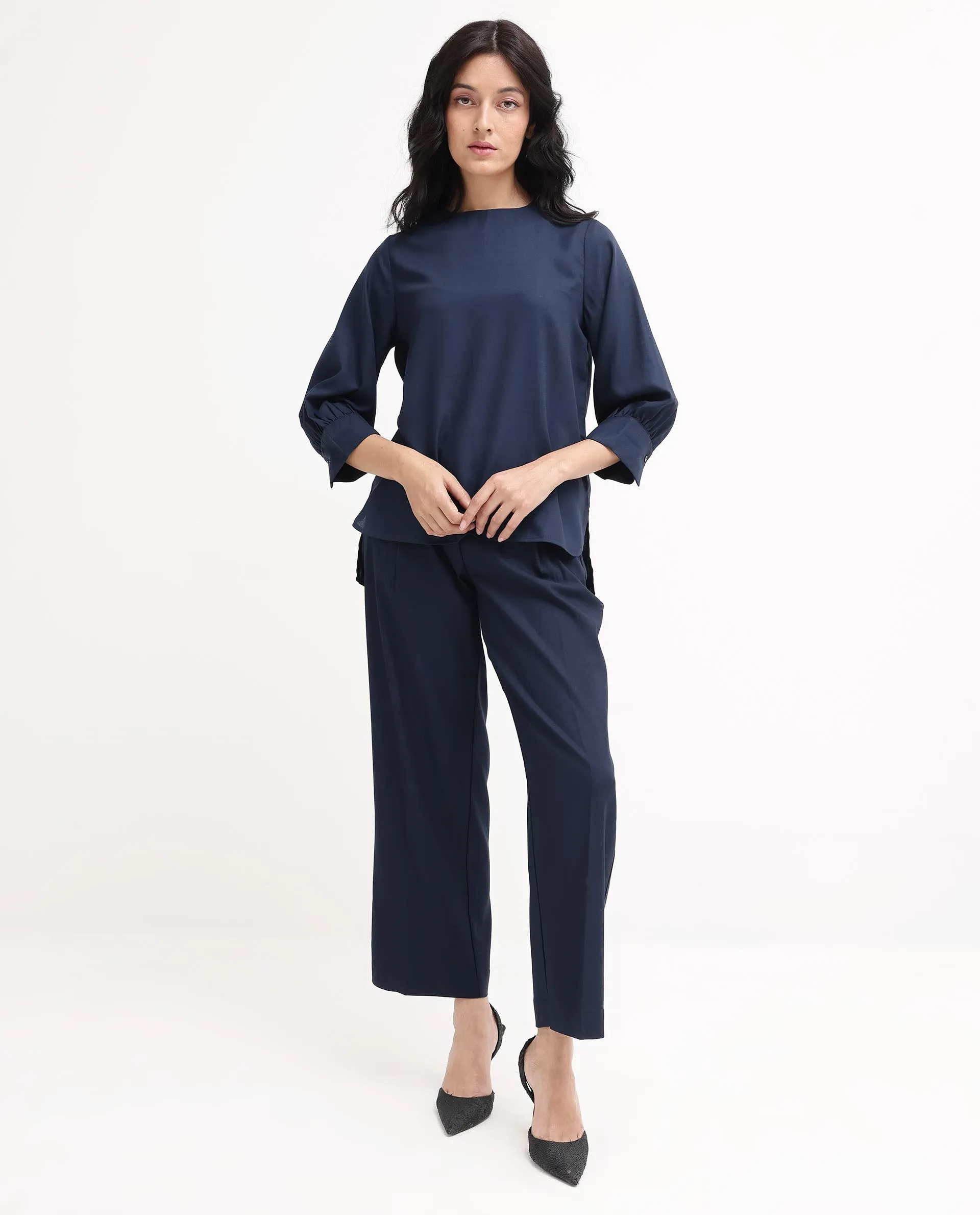 Rareism Women Elara Navy Polyester Fabric Full Sleeve Round Neck Solid Regular Fit Top