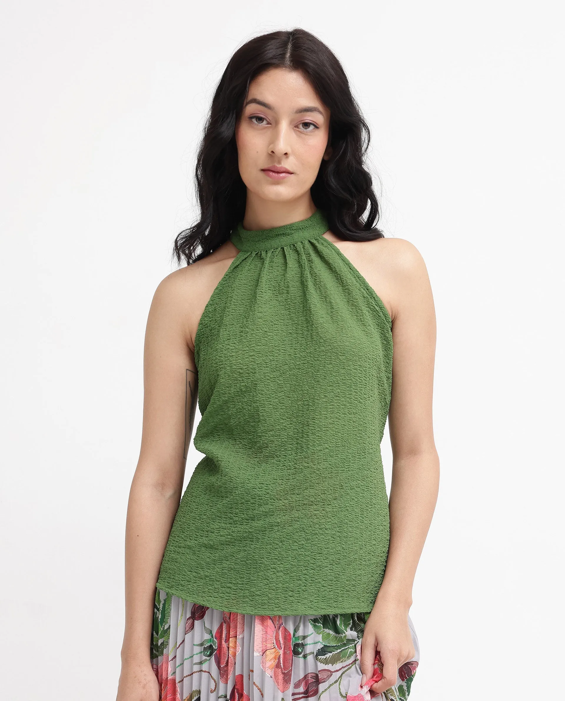 Rareism Women Vicenza Dark Green Sleeveless Halter Neck Plain Top