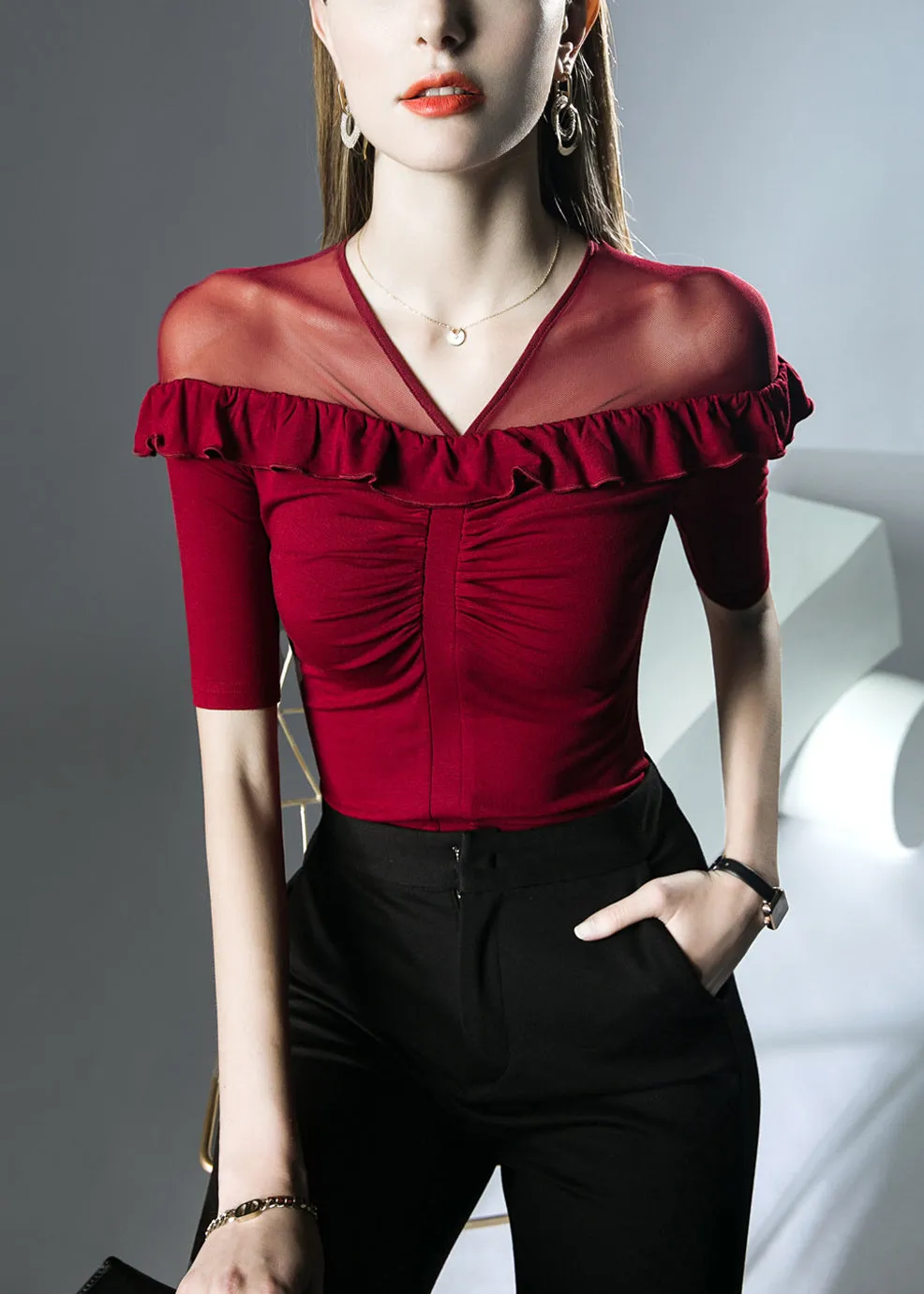 Red Solid Patchwork Cotton T Shirts V Neck Summer AL1038
