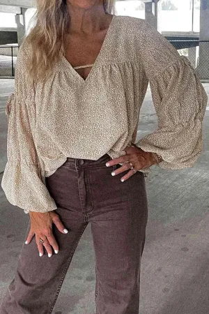 Relaxed Printed V Neck Lantern Sleeve Blouse