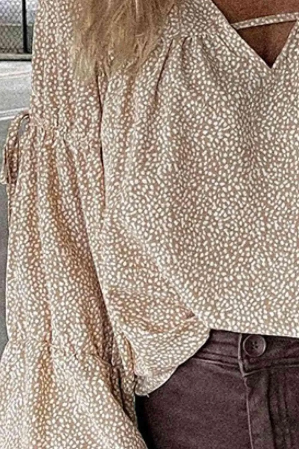 Relaxed Printed V Neck Lantern Sleeve Blouse