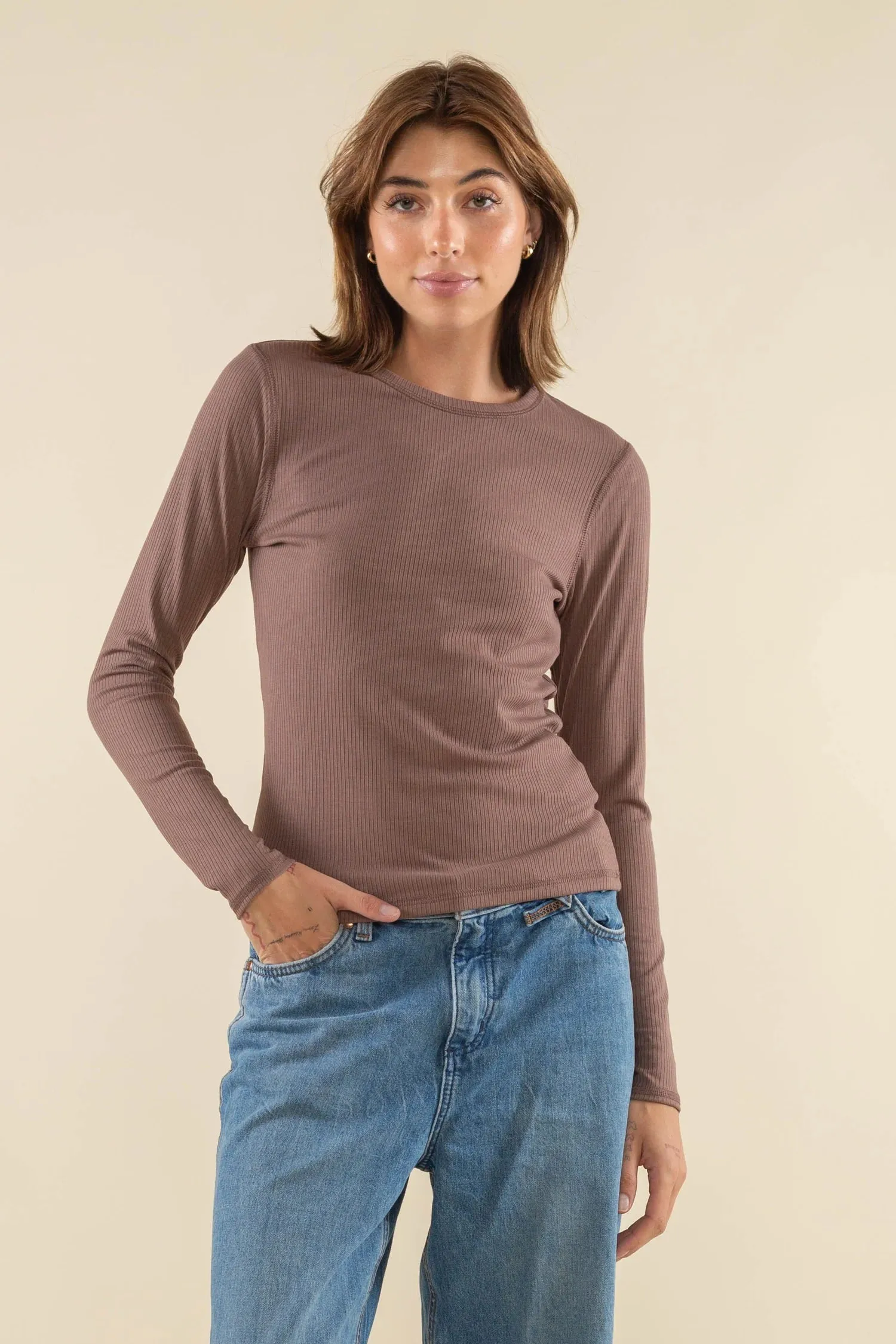 Ribbed Long Sleeve Crewneck Top