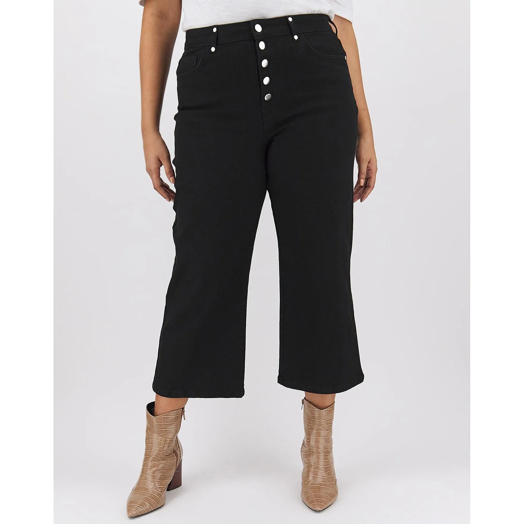 Simply Be Joss Button Front Crop Wide Leg Jeans Black UK 10